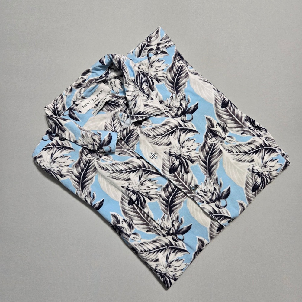 Nickel & Iron Shirt Floral Leaf Tropical Button Up Mens Large Short Sleeve Rayon